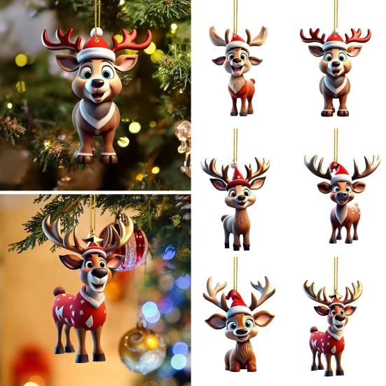 6 Pcs Christmas Reindeer Ornament Cute Cartoon Elk Acrylic Hanging Decoration with Santa Hat 2D Flat Animal Pendant for Car