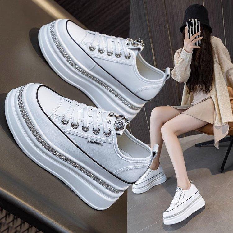 Women's Spring Fall White Sneakers Thick Bottom Muffin Inner Height Increase Rhinestone Decor Casual Sports Shoes