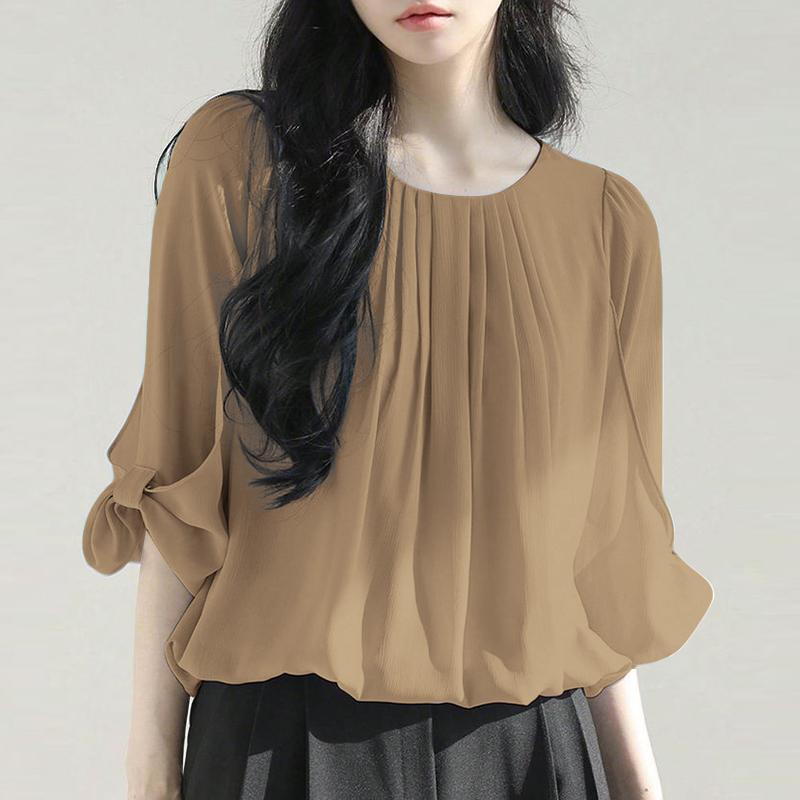 

ZANZEA Женская повседневная однотонная свободная блузка с круглым вырезом и рукавом 3/4 5XL