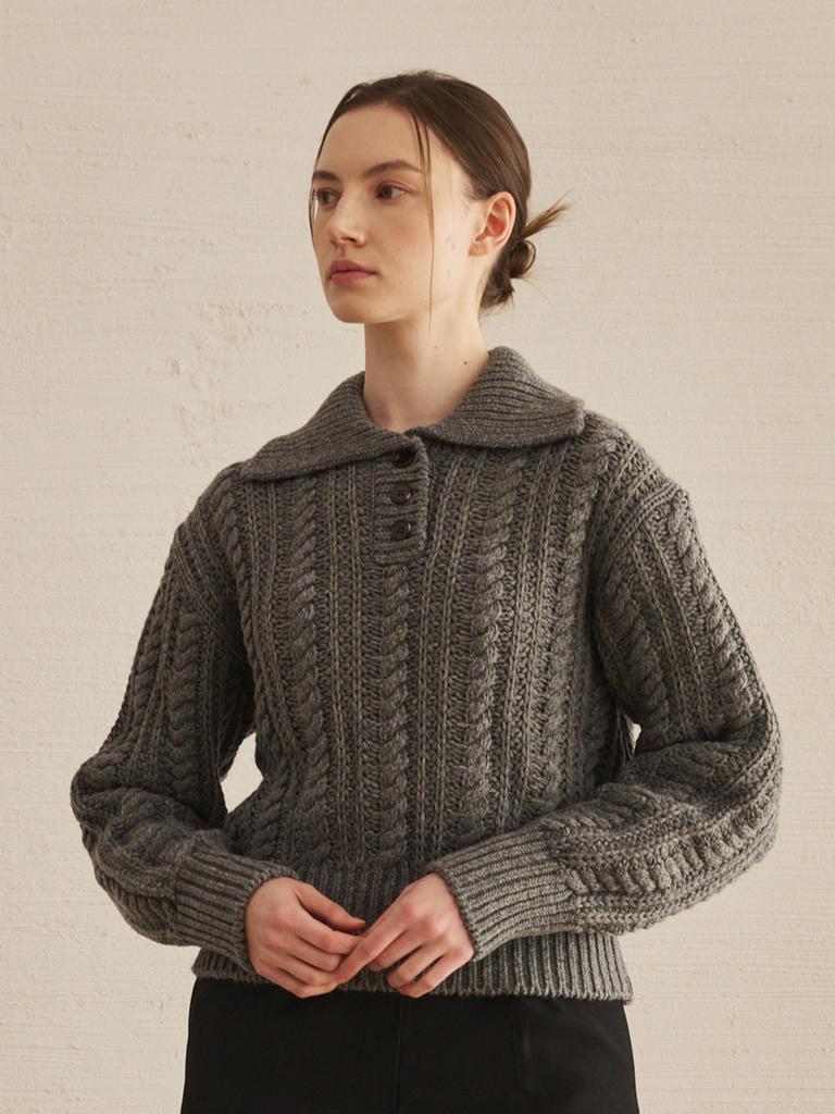 NOUVE Cable Collar Wool Knit - M. Gray
