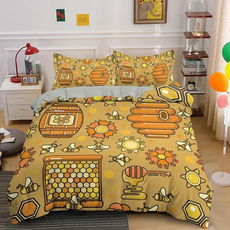 Cute Cartoon Bee Duvet Cover King Queen Sweet Honey Bedding Set Kids Boys Girl Spring Yellow Flying Insect Polyester Quilt Cover
