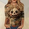 Women Casual Three Quarter Sleeve Halloween Skull Print Round Neck Top Lightweight Comfortable Fit Blouse for Everyday Wear