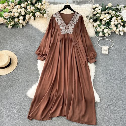 Boho Oversized Dress Women Haft Nadruk Latarnia Rękaw Dekolt w Serek Sukienki Damskie Luźny Krój Panie Vestidos Mujer