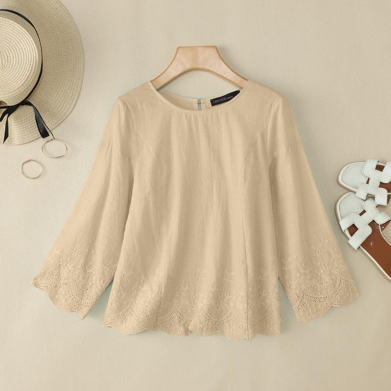 ZANZEA Women Casual Round Neck 3/4 Sleeve Loose Embroidered Blouse