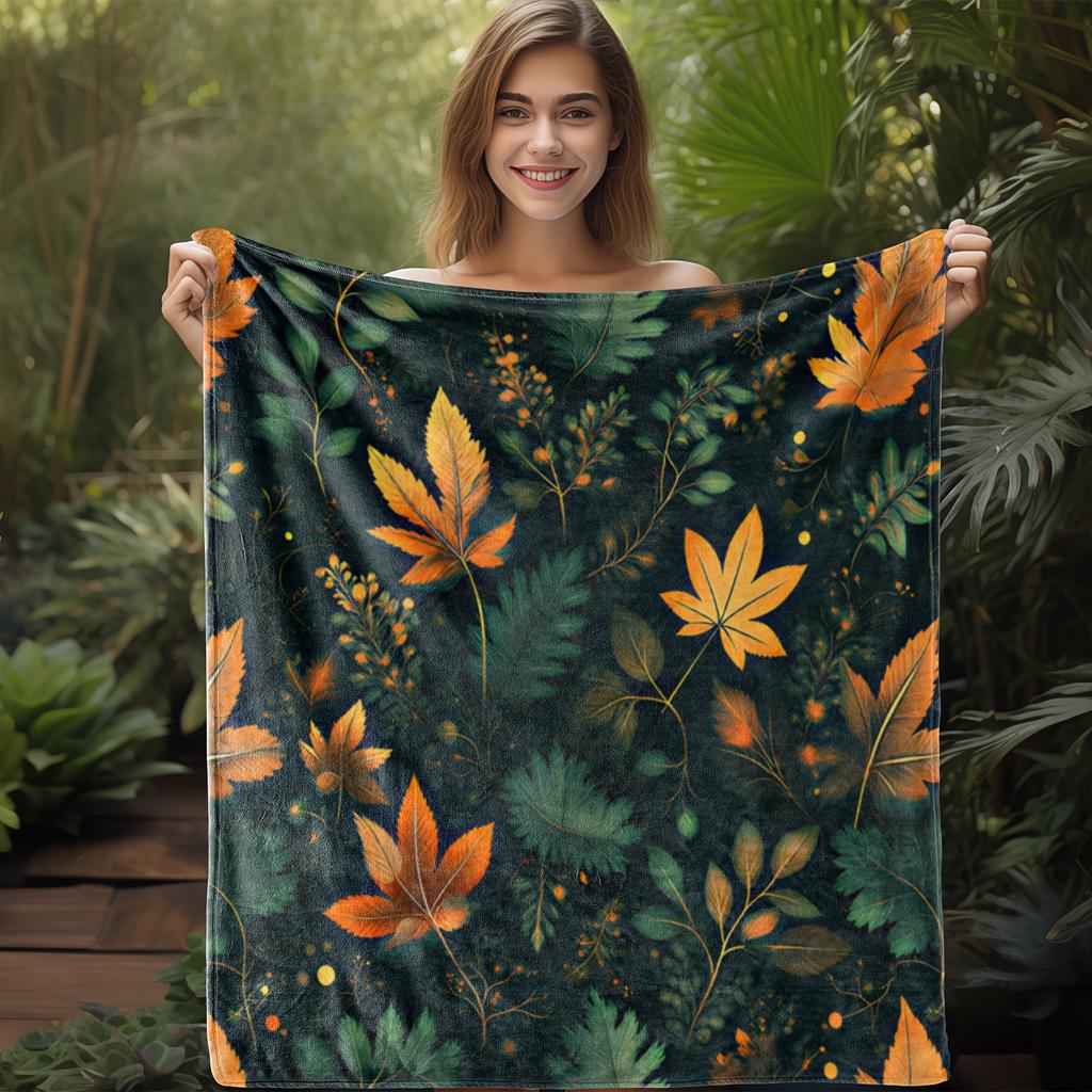 1pc Vintage Floral Print Flannel Blanket - Soft Warm All-Season Throw with Green & Orange Botanical Pattern, Durable Machine-Was