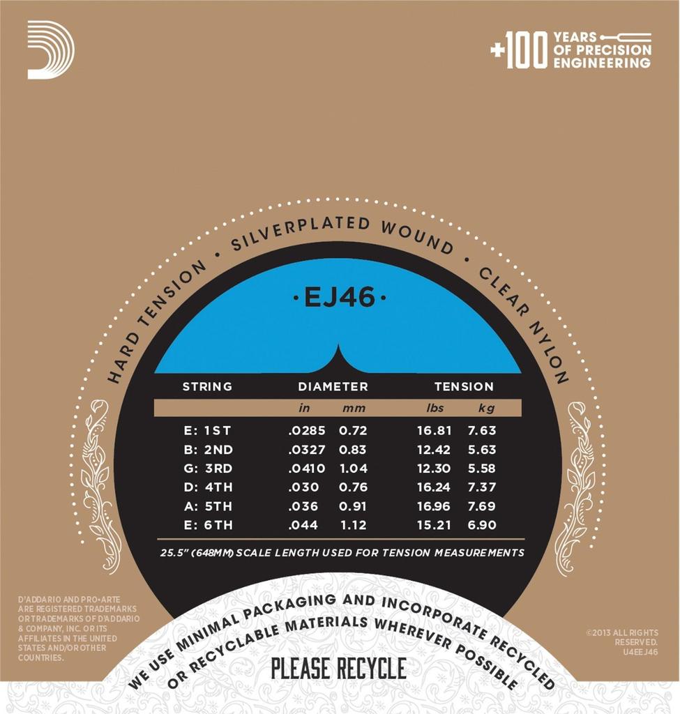 ProArte Classical Guitar D'Addario Strings, Silver/Clear Hard, EJ46, 10-Pack