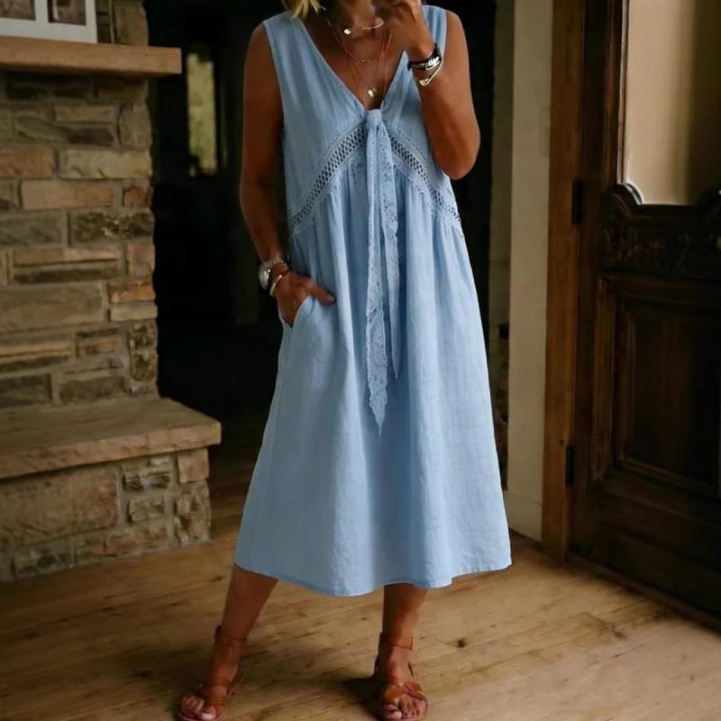 2026 New Women's Solid Color Lace Decorated Sleeveless Dress V-neck Casual Dress