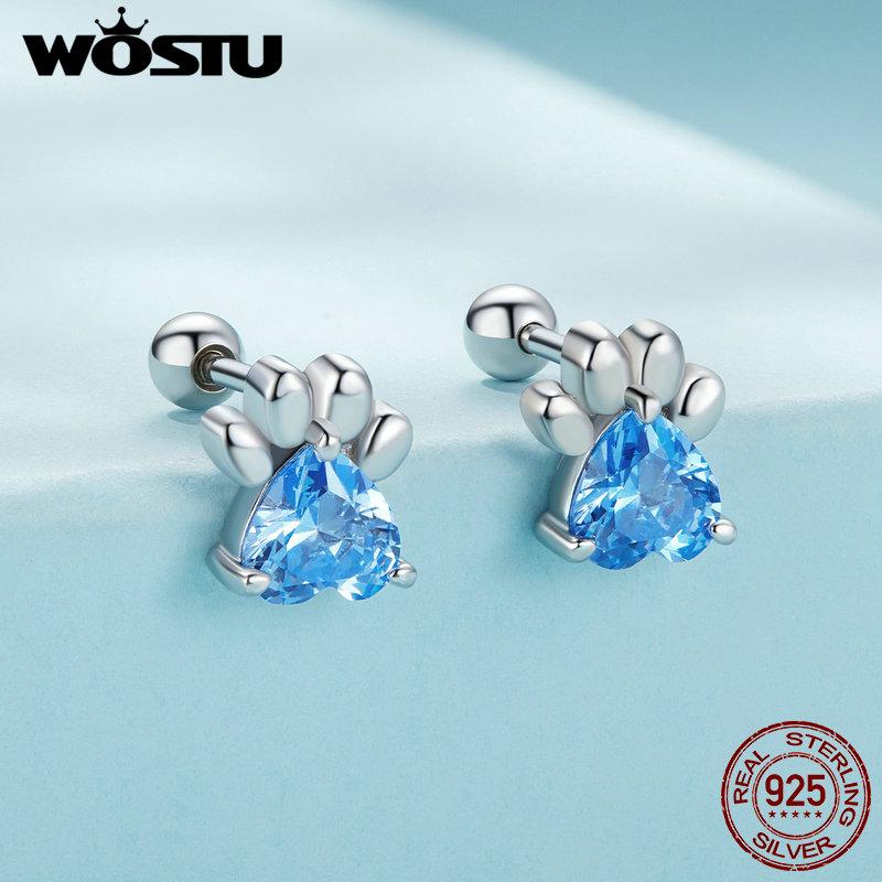 WOSTU 925 Sterling Silver Pink Zircon Pet Dog Paw Stud Earrings For Women Lovely Heart Zircon Ear Studs Birthday Jewelry Gift