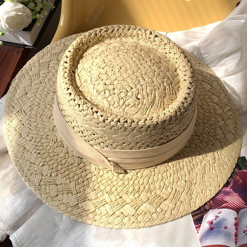 New Flat-top Straw Hat Women's Big Head Circumference Seaside Beach Top Hat Woven Sun Hat Summer