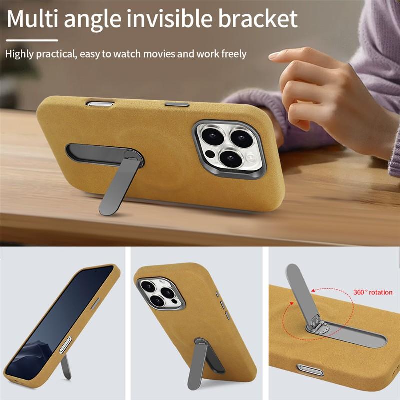Premium Leather Magnetic Attraction Case For iPhone 15 16 Pro Max 360 Hidden Metal Phone Holder Business Suede Kickstand Cover