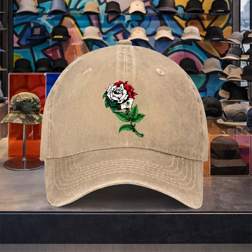 Mexican Flag Rose Washed Baseball Cap Cotton Adjustable Retro Streetwear Hat for Unisex