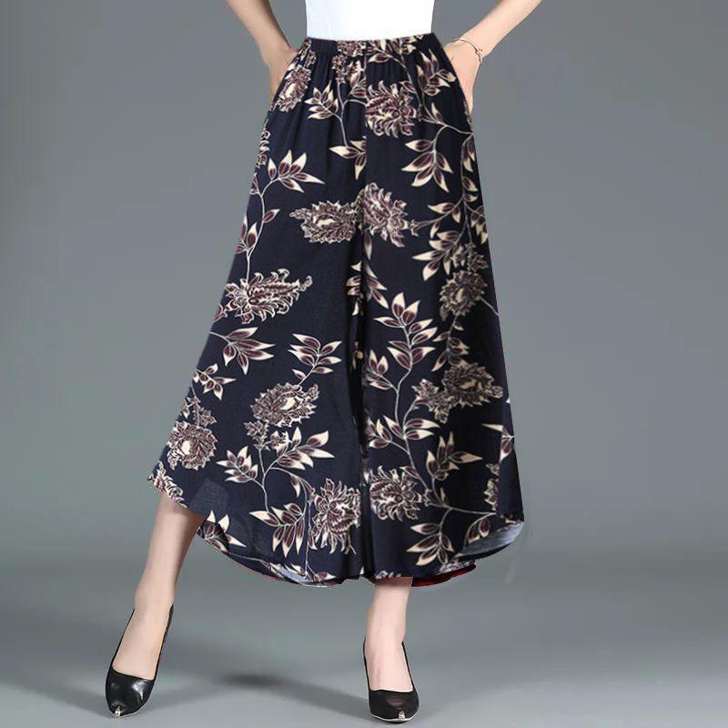 Women's Ice Silk Printed Wide-Leg Skirt Pants - Summer Slimming, Loose, Plus Size, Middle-Aged Fashion