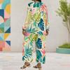 Women Plus Size Two Piece Set Round Neck Long Sleeve Printed Layered Top Green Blue Wide Leg Cropped Pants