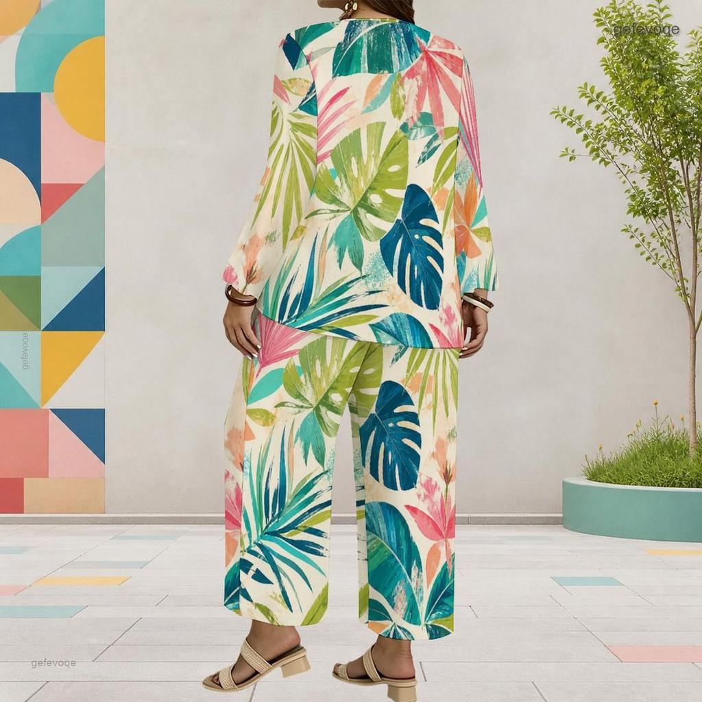 Women Plus Size Two Piece Set Round Neck Long Sleeve Printed Layered Top Green Blue Wide Leg Cropped Pants