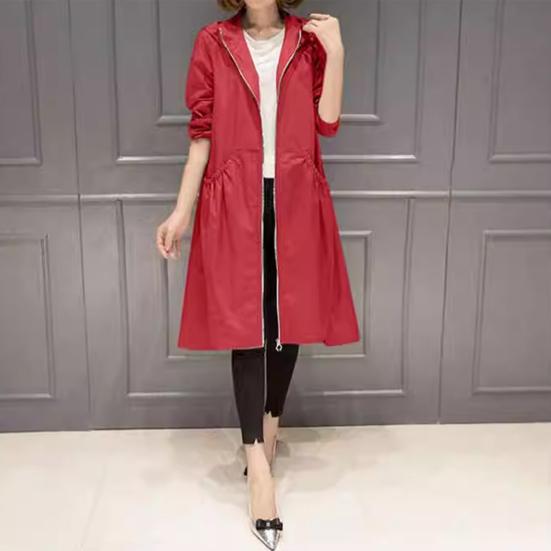 Damen Frühling Herbst Kapuzen Mittellang Windjacke Reißverschlussleiste Langarm Taschen Einfarbig