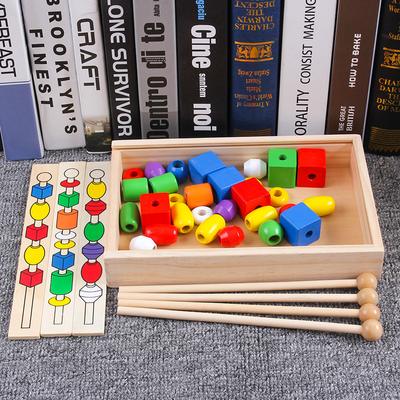 Geometrische Holzbausteine, kognitives Spielzeug, Holzfädelspiel, Spiele für Kinder, Perlen auffädeln, fördert die Intelligenz von Kindern