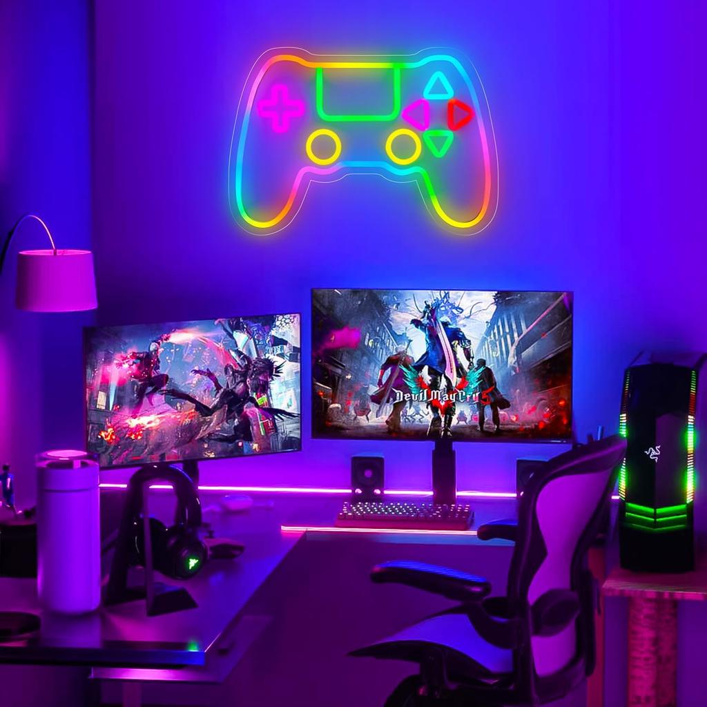 Gamer Neon Sign, LED Game Controller Gamepad Gaming Neon Light Sign for Game Room Wall Decor, Scrolling Color Changing Flashing Modes, Video Game
