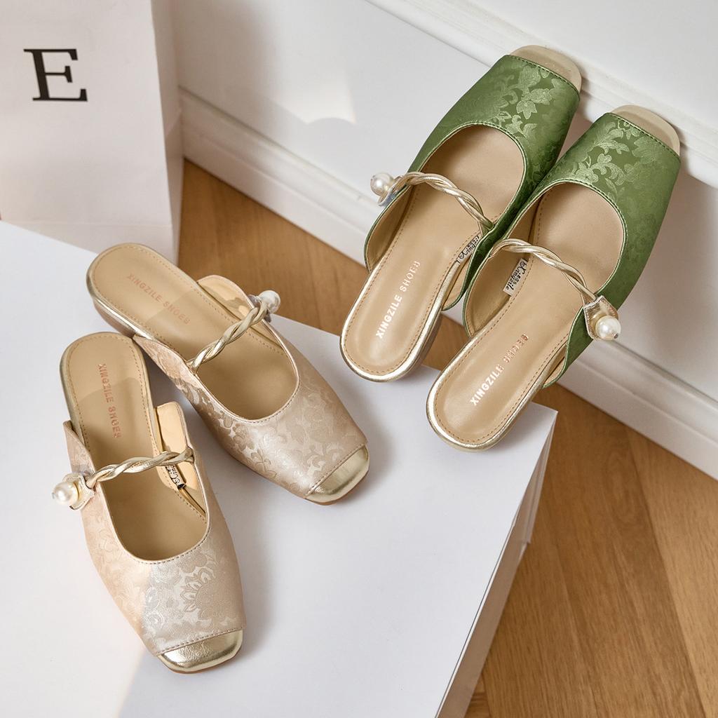 Leather Slippers Bag Head Half Drag Thick Heel Low Heel Spring and Autumn New One-word Strap Single Shoes New Chinese Style Women's Shoes