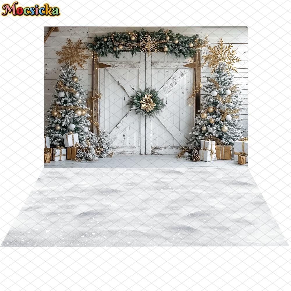 Mocsicka Christmas Photography Background Winter Snow Xmas Tree White Door Decoration Happy New Year Party Photo Backdrop Banner