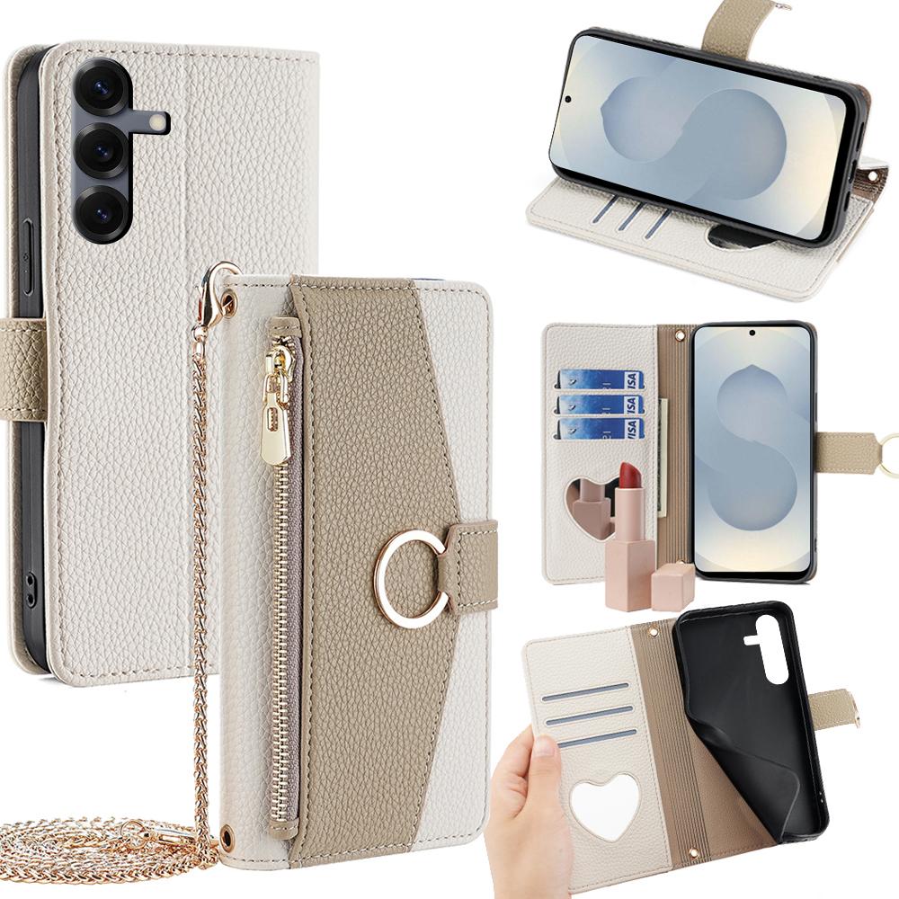 For Samsung Galaxy S25+ Case Mirror Wallet Leather Phone Cover with Chain Shoulder Strap