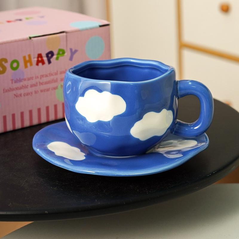 Blue Sky White Clouds Ceramic Mug and Saucer Set - Personalized Portable Coffee Cup for Couples