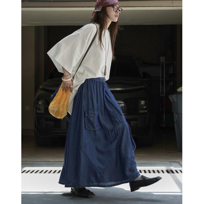 Johnature Japanese Large Pocket Skirt Summer Japanese Casual Elastic Waist Loose Women Skirts