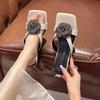Square head, middle heel, flower fairy style, wearing cool slippers, women's new summer 2025 temperament women's slippers