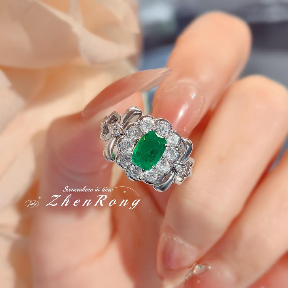 

Elegant Bow Red Garnet Ring Vintage Style with Muzo Green and High Carbon Diamond for Women adjustable