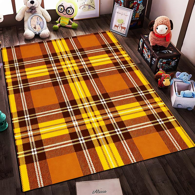 Plaid Check Pattern Carpet In Yellow and Brown Modern Design Suitable for Use As an Anti-slip for Living Room Bedroom Sofas