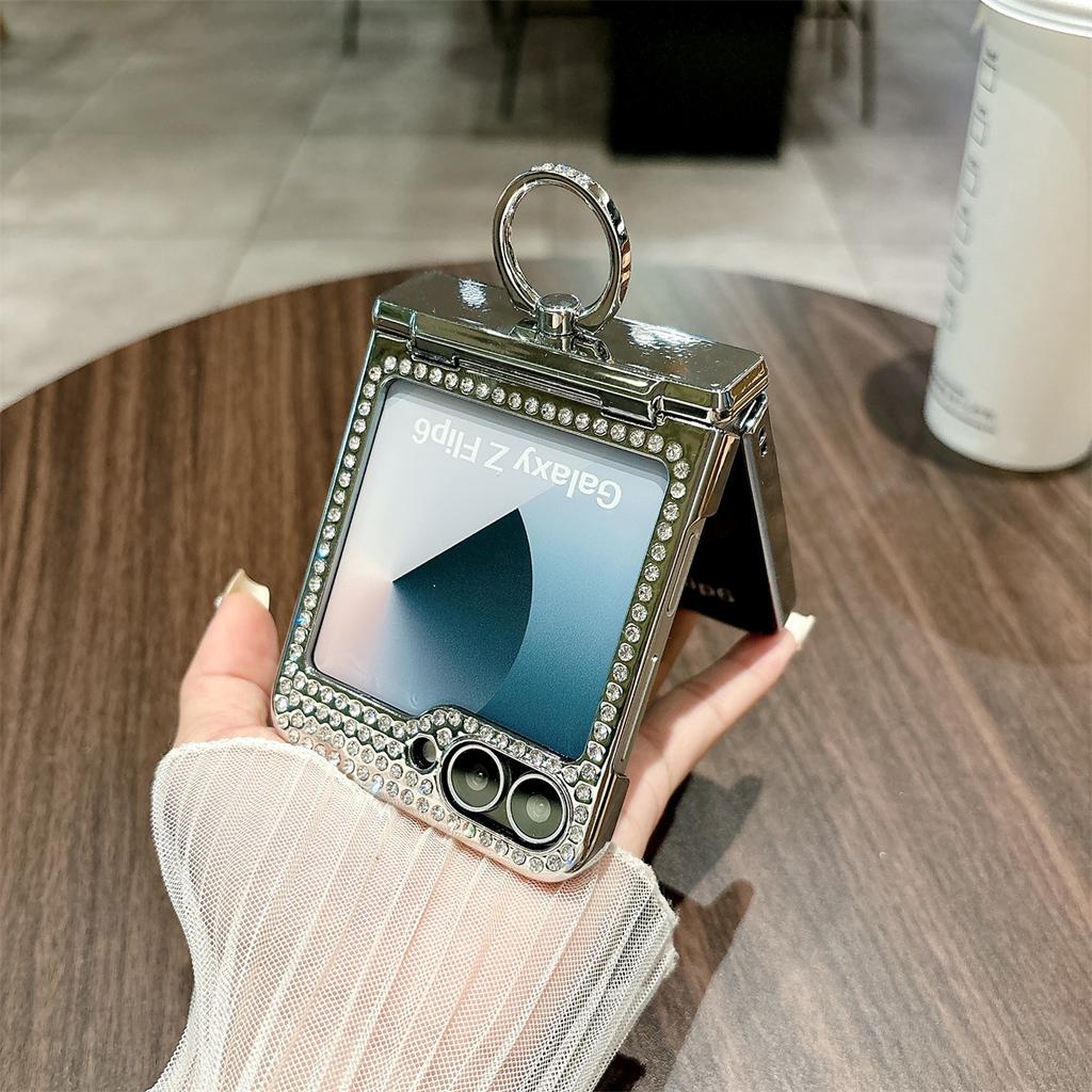 For Samsung Galaxy Z Flip7 FE 5G/Z Flip6 5G Case Fish Scale Texture Ring Holder PC Rhinestone Phone Cover