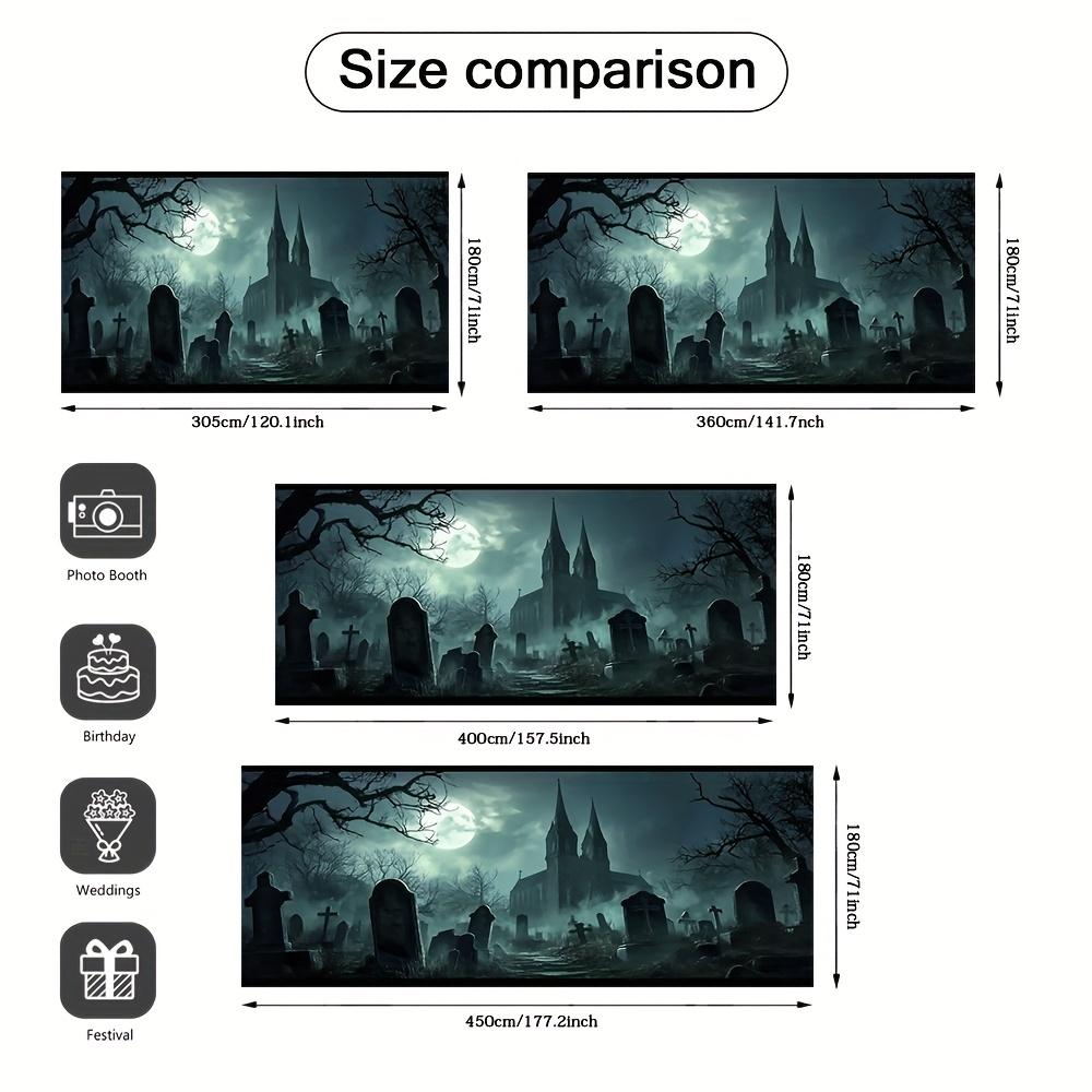 A Halloween cemetery night scene garage door banner - with a full moon and Gothic church designzyc