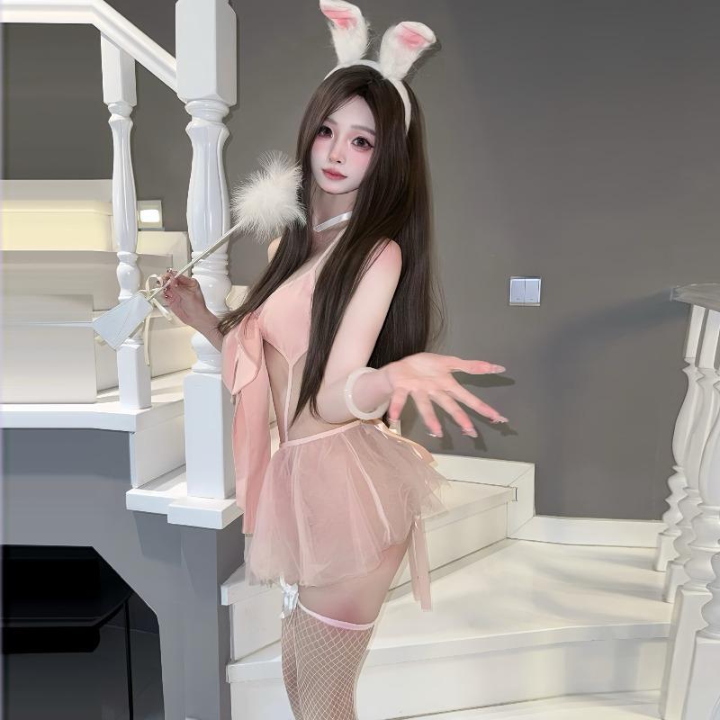 Dusk Pink Bow Three-point Erotic Underwear Pure Desire Temptation Splicing Mesh See-through Robe Free Set