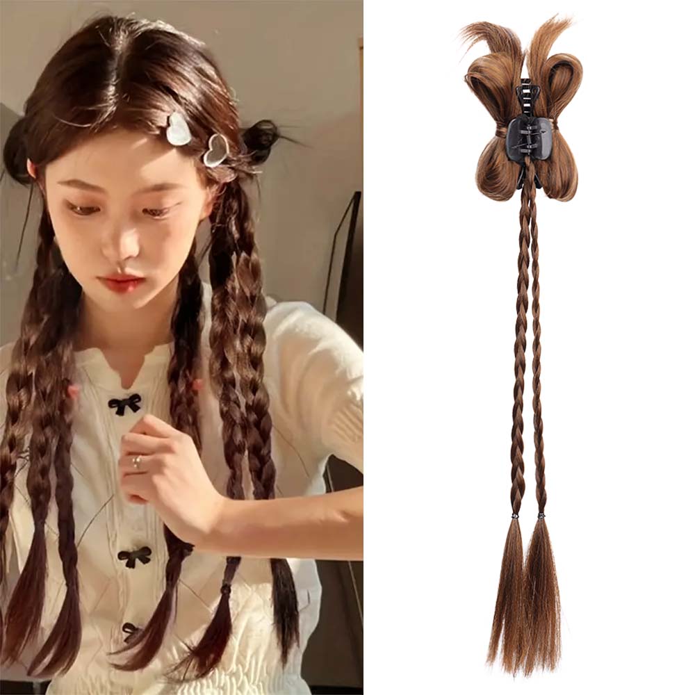 

XINRAN 1pcs Synthetic Long Straight Chic Butterfly Claw In Two Little Braided Ponytail Extension High Temperature Fiber Hair For Women 45cm