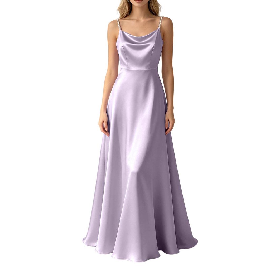 Sleeveless Satin Long Dress with Beaded Spaghetti Straps Floor Length Slim Fit Evening Gown Elegant Formal Occasion Dress