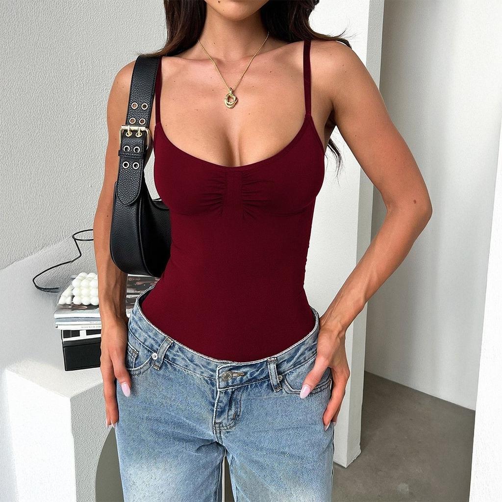 Damski top na ramiączkach spaghetti z dekoltem w łódkę, bez rękawów, dopasowany, streetwear, marszczony w biuście, kamizelka