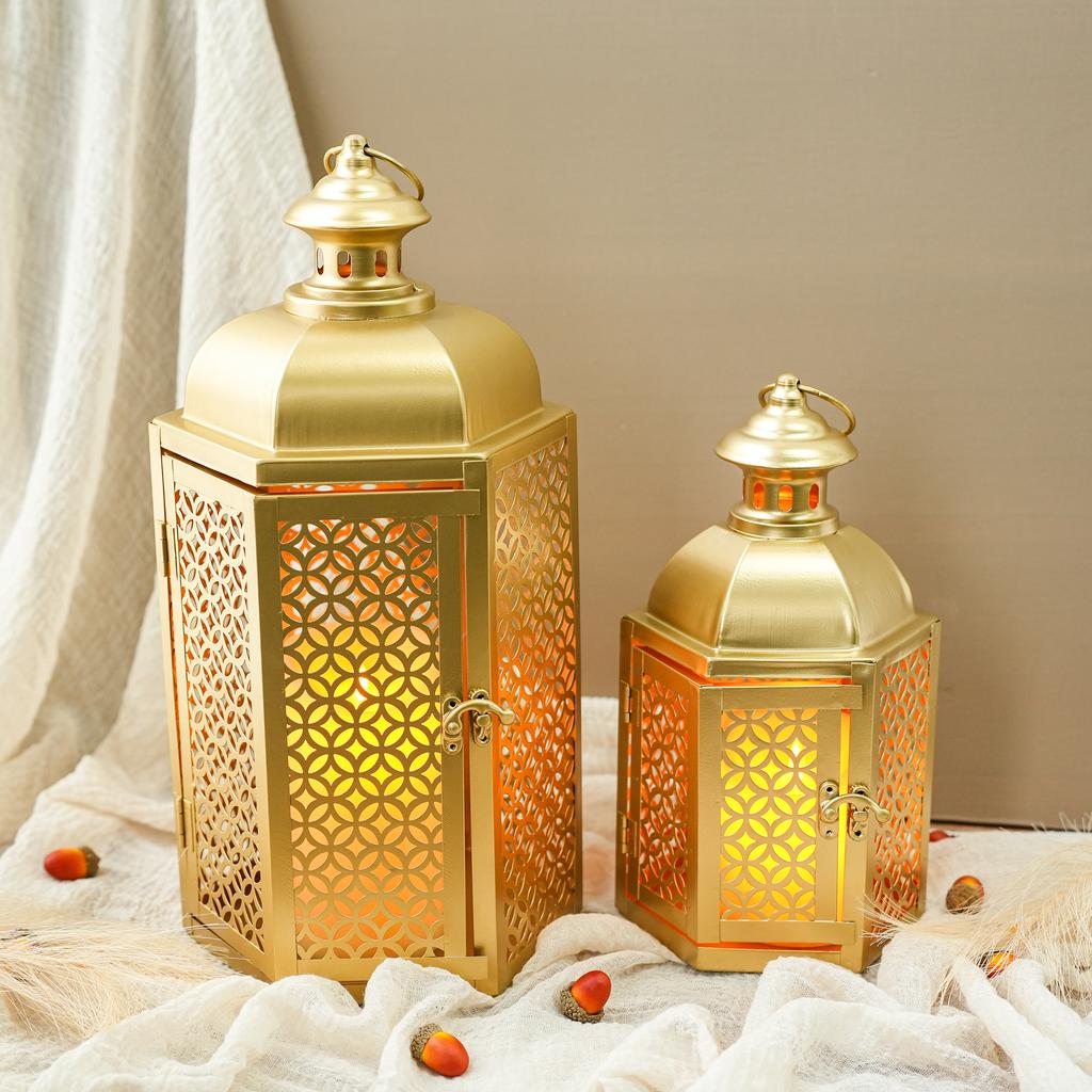 Set of 2 Ramadan Vintage Tower Temple Lanterns 15"&11''H Moroccan Decorative Candle Lantern for Garden Porch Shelf Parties Patio