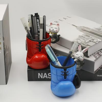 Creative Resin Boxing Gloves Pencil Holder Blue/Red Stable Base Pen Holder with Cartoon Animal Pen Box Gift