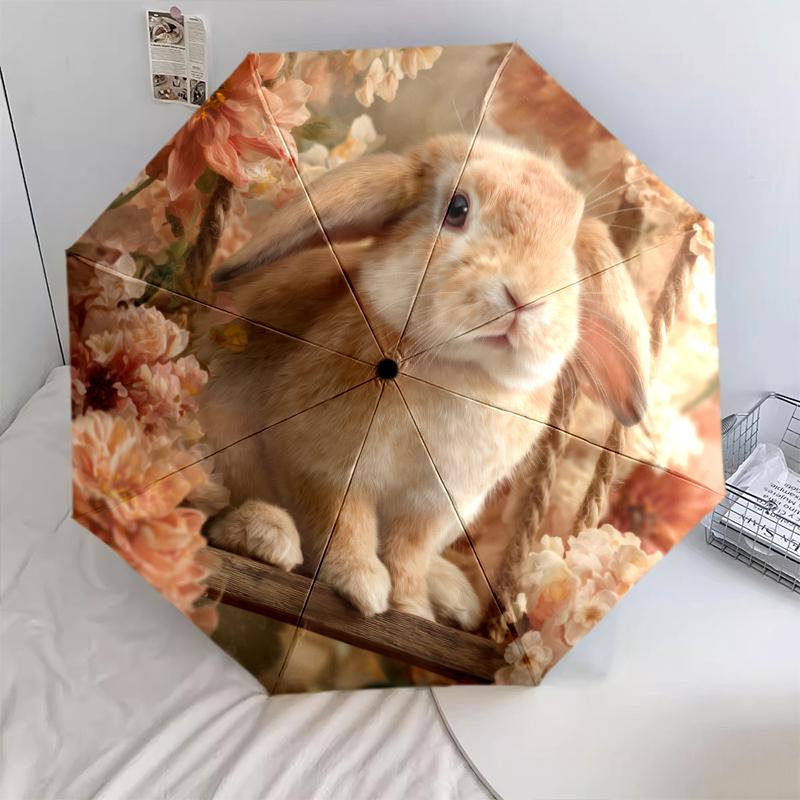 Rabbit and Flower pattern, automatic folding umbrella, portable and foldable design, 8 ribs, a Christmas or birthday gift.