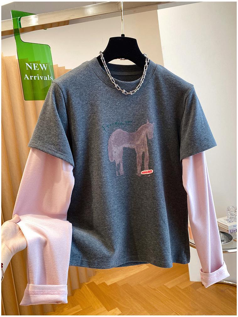 

Футболка с принтом лошади большого размера: 92% Хлопок, 8% Спандекс, Повседневный, Ранняя весна, Дизайн с имитацией двойки, Пряжа 40. M темно-серого