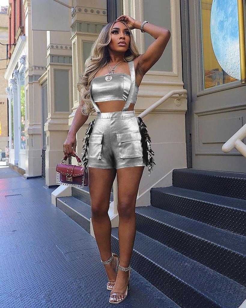 European and American Women’s Metallic Bandeau Fringe Suspender Shorts Set