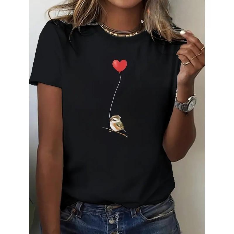 

European size 1pc, bird Women s T-shirt, casual short-sleeve T-shirt, slightly stretchy, fabric, regular length, letter pattern design 4XL