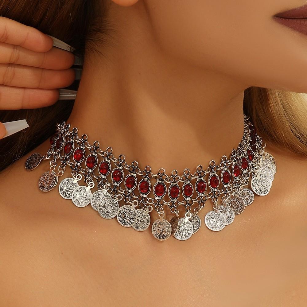 Ethnic Headband Vintage With Alloy Coins And Red Acrylic Gems For Women Gift