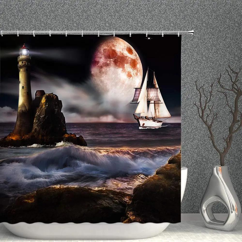 Norse Vikings Ship Shower Curtain Fantasy Boat Art Black and White Color Sailing Dragon Ship Bath Curtains for Bathtub with Hook