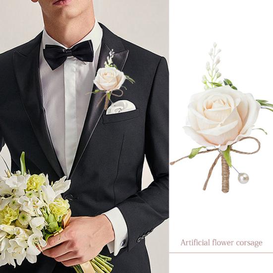 Best Man Brooch Pastoral Style Natural Romantic Realistic Rose Decorative Faux Pearl Wedding Party Groomsman Coat Pin Wedding Prop
