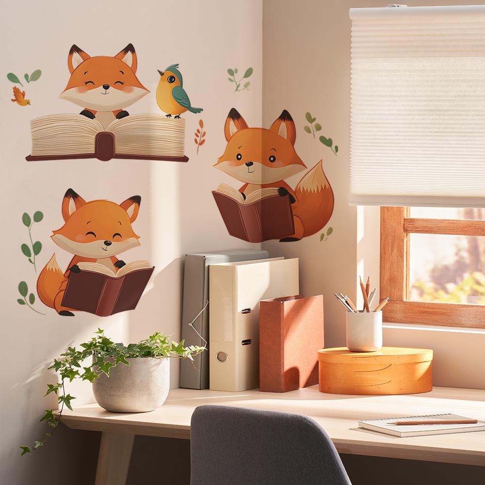 Cartoon Cute Fox Reading A Book Bedroom Study Background Beautification Decoration Wall Stickers