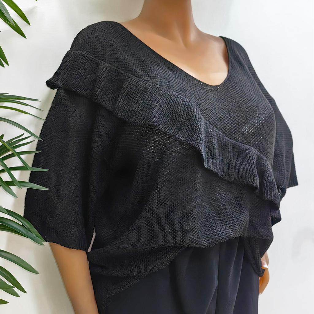 חולצות טי שירט לנשים קיץ במידות גדולות סלסולים שחבור חולצה ארוגה סוודר סריג משוחרר חולצות עם שרוולים קצרים