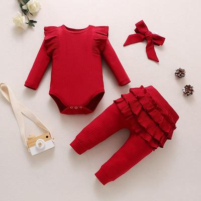 Höst 2023 Babyflicka Ribbad Volangbody & Byxset med Rosett