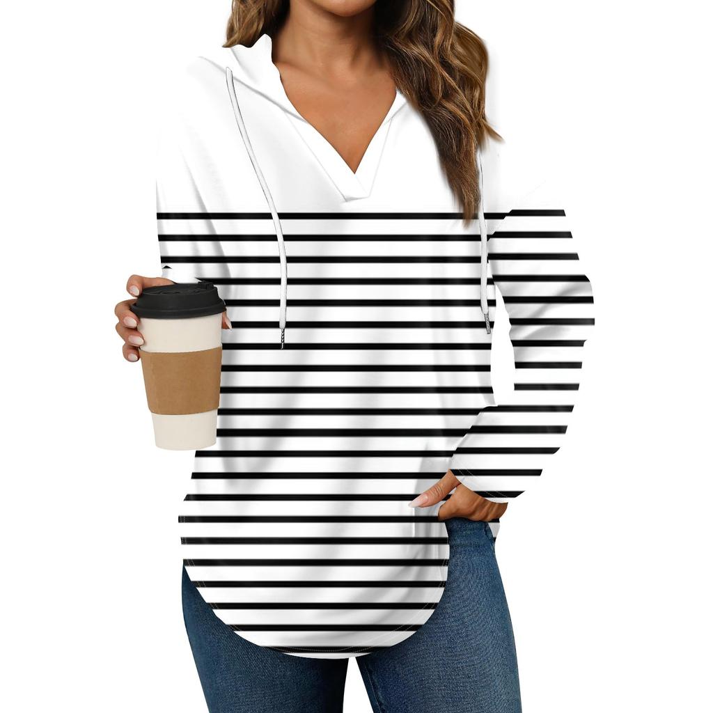 Damenmode Lässig V-Ausschnitt Kordelzug Bedrucktes Langarm-Oberteil