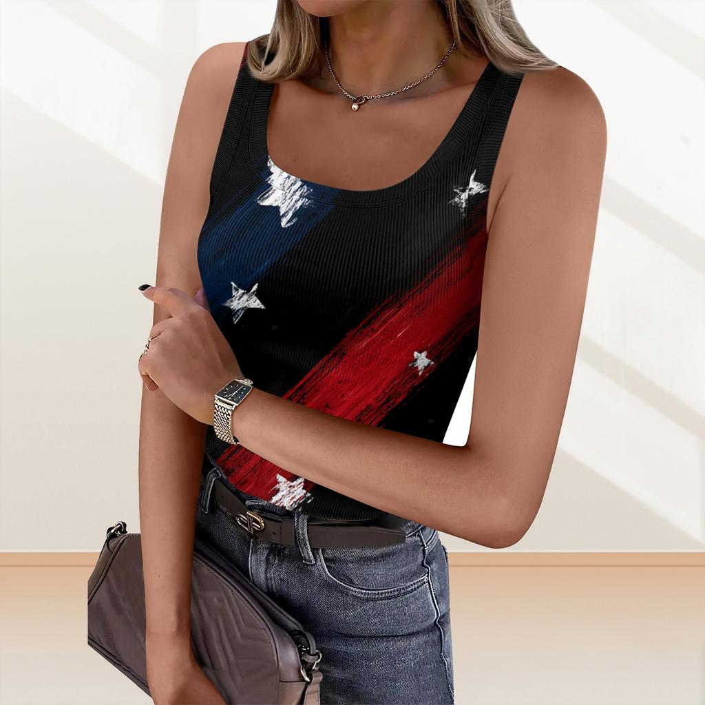 Women's Summer Fashionable Casual Independence Day Printed Round Neck Sleeveless Top Fitted Vest