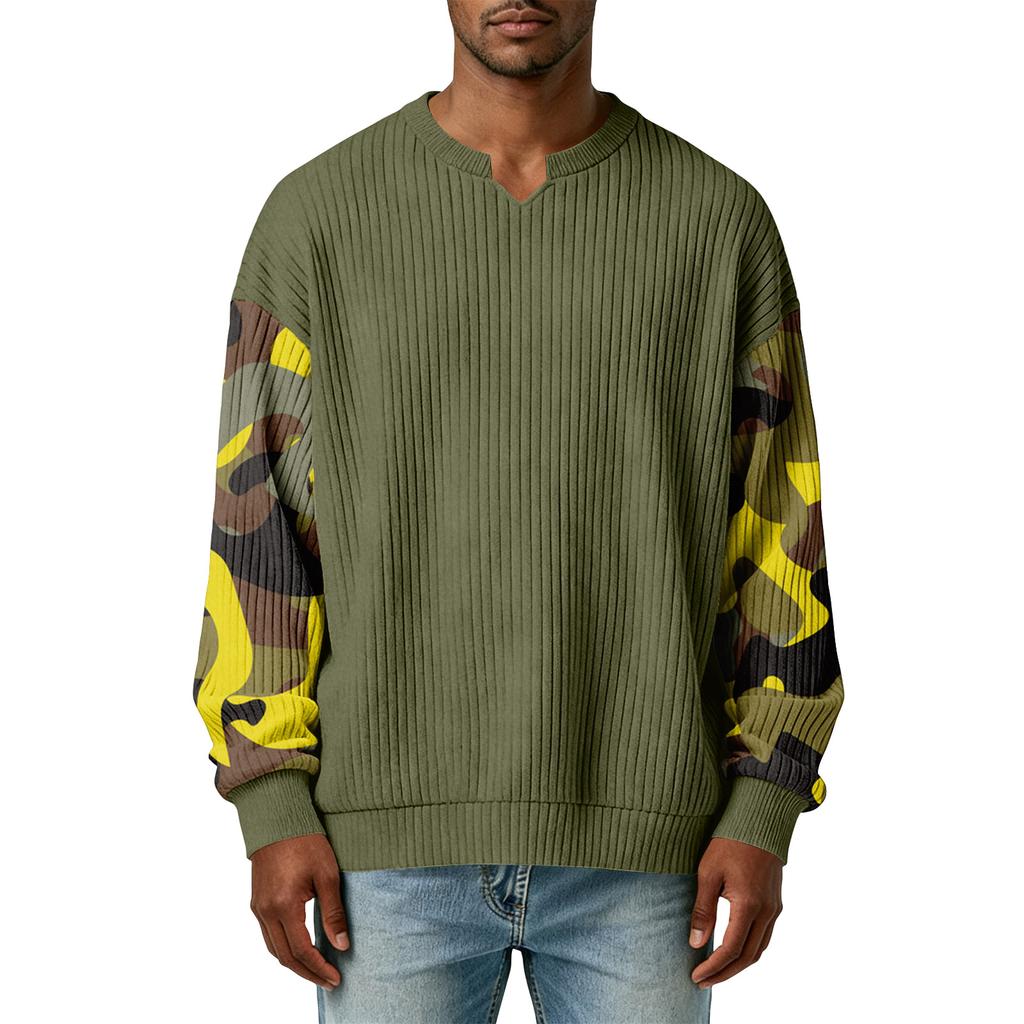 Herren Camouflage Stilvolles V-Ausschnitt Geripptes Strukturiertes Langarm-T-Shirt